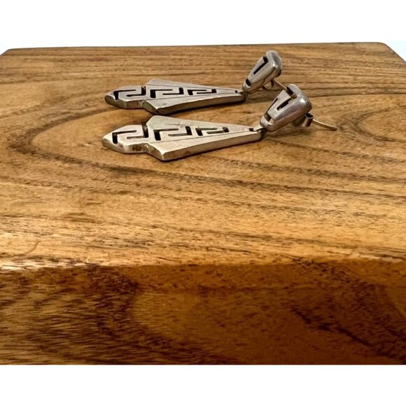 Vintage Sterling Silver 925 Greek Key Meander Dangle Hinged Pierced Earrings - Picture 4 of 6